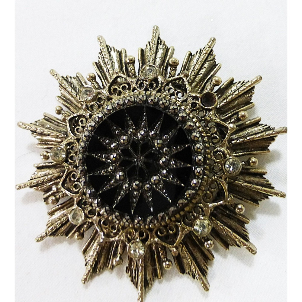 Vtg Onyx silver star brooch pin pendant earring set goth renaissance celestial - Picture 3 of 3
